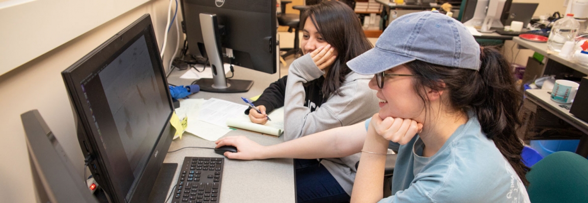 Female employee sitting with a student worker at a computer work station
