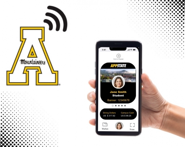 The App State New Network - App State A with a wireless connection (3 lines) icon and a visual of a mobile ID pulled up on an iphone - black, white and with a portrait.