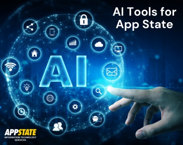 Image of different systems that could have AI components orbiting in a sphere to represent the AI tools available in the App State tech system.