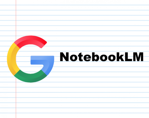 Google's primary color logo on notebook paper announcing access to the new AI software, Google's NotebookLM.