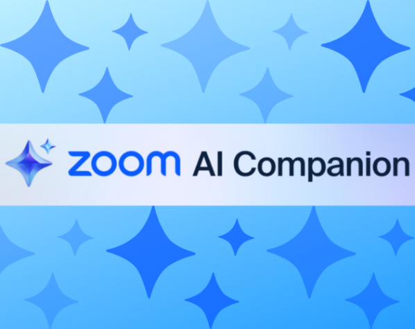 ZOOM web conferencing's blue all caps logo with their signature 3 stars icon depicting AI Companion, the new AI addition to the platform.