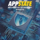 App State Information Technology Services white and gold logo over an image of blue computer chips feeding into a secure, locked location.
