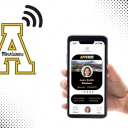 The App State New Network - App State A with a wireless connection (3 lines) icon and a visual of a mobile ID pulled up on an iphone - black, white and with a portrait.