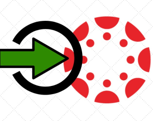 A green arrow with circle pointing to the Canvas logo depicting login access to the platform
