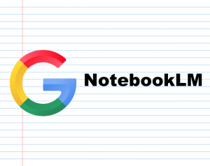 Google's primary color logo on notebook paper announcing access to the new AI software, Google's NotebookLM.