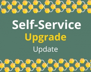 White and Gold text saying Self-Service (our Banner 9 platform) Upgrade Update on green with gold, gray and white decorative blocks