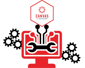 A computer with available digital tools related to Canvas depicted with a wrench and cogs of a wheel in Black and logo Canvas by Instructure red.